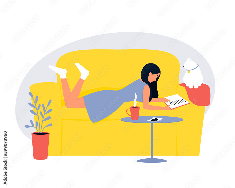 The woman is lying on the couch and reading a book with the cat. Time for yourself and relaxation at comfortable atmosphere with a cup of tea or coffee. Flat vector illustration. The woman is lying on the couch and reading a book with the cat. Time for yourself and relaxation at comfortable atmosphere with a cup of tea or coffee. Flat vector illustration.