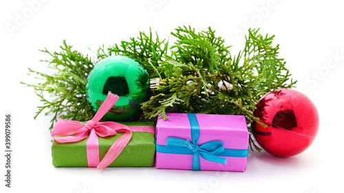 Branches of pine with Christmas toys.