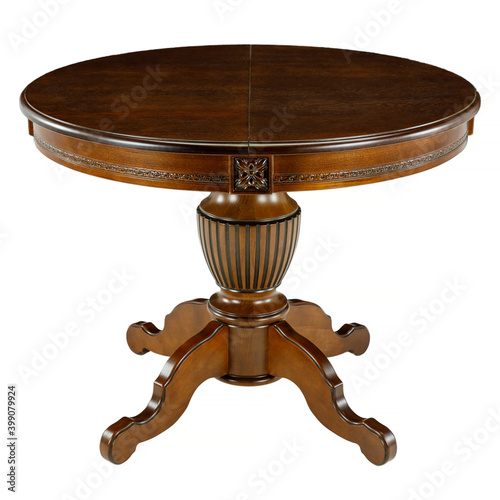 brown round wooden table on white background