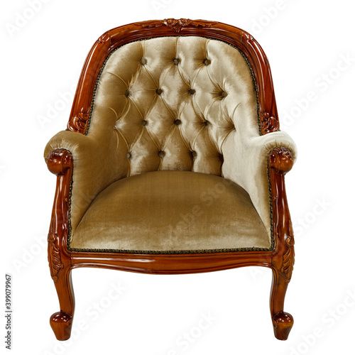 old wooden brown armchair on white background