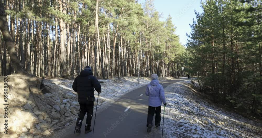 An adult man and woman are engaged in sports walking. Slow motion. Family engaged in exercise outdoors. Hiking on the nature through forest winter. An adult man and woman are engaged in sports walking. Slow motion. Family engaged in exercise outdoors. Hiking on the nature through forest winter.