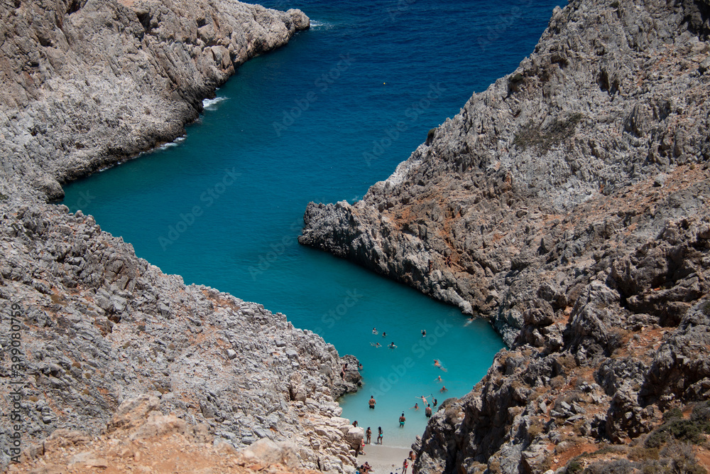 Seitan limania or Agiou Stefanou, the heavenly beach with turquoise water. Chania, Akrotiri, Crete, Greece on August 24, 2020