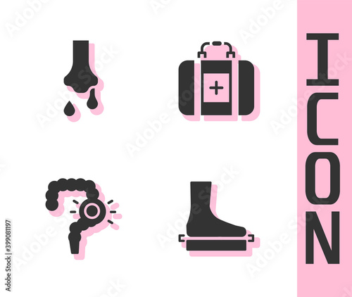 Set Flat foot, Runny nose, Gut constipation and First aid kit icon. Vector.