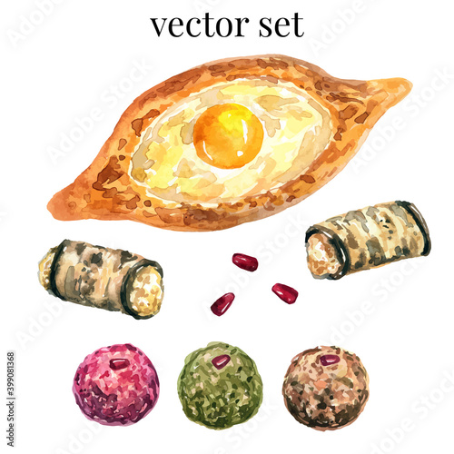 Vector georgian food. Adjara khachapuri. Eggplant rolls with cheese and garlic. Vegetable balls with pomegranate. Hand drawn watercolor illustration. Isolated on white background.