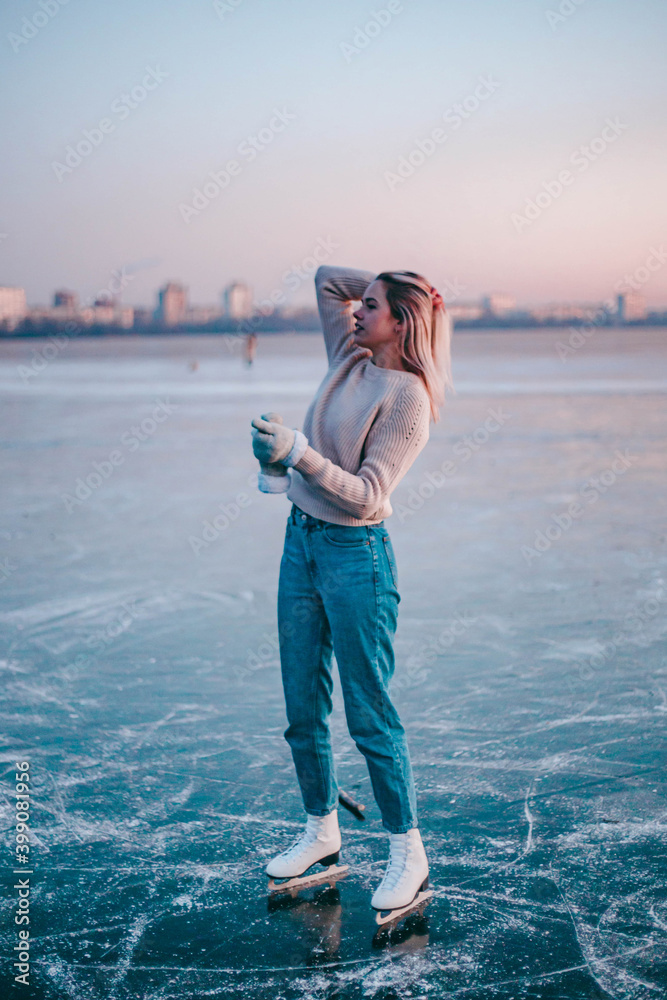 beautiful girl skating on the lake beautiful girl skating on the lake