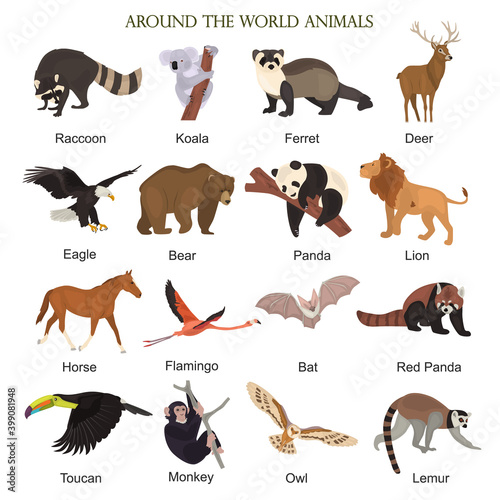 Around the world animals collectiom color flat icons set