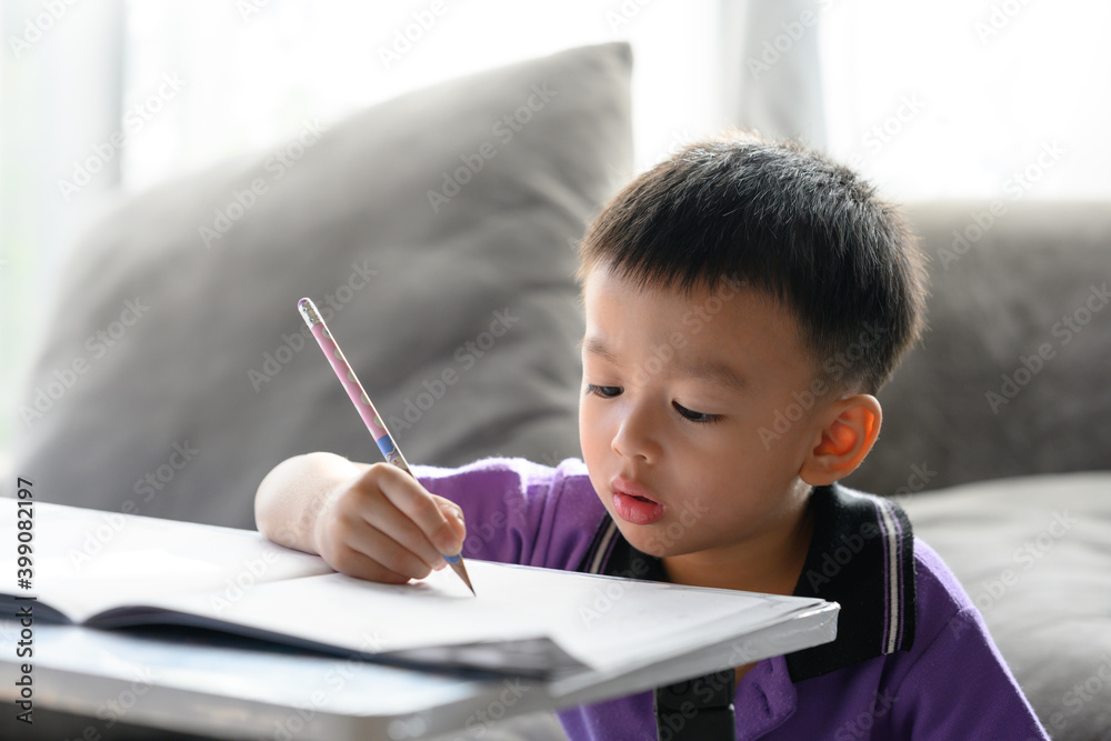 Asian Boy Doing homework with the intention. Child boy holding pencil writing, A boy drawing on white paper at the table, Elementary school and home schooling, Distance Education concept. Asian Boy Doing homework with the intention. Child boy holding pencil writing, A boy drawing on white paper at the table, Elementary school and home schooling, Distance Education concept.