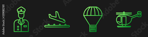 Set line Box flying on parachute, Pilot, Plane landing and Helicopter. Gradient color icons. Vector.