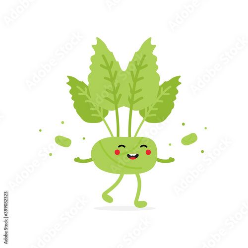 Cute happy and smiling cartoon style green kohlrabi character throwing confetti and small kohlrabi vegetables in the air.