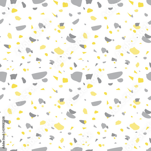 Terrazzo style vector seamless pattern background with trendy ultimate gray and illuminating yellow colors.