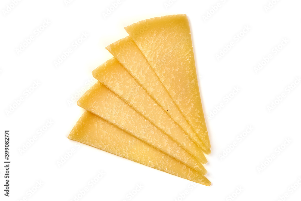 Parmesan Cheese slices, isolated on white background Parmesan Cheese slices, isolated on white background