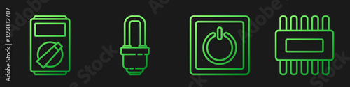 Set line Electric light switch, Multimeter, LED light bulb and Processor with microcircuits CPU. Gradient color icons. Vector.