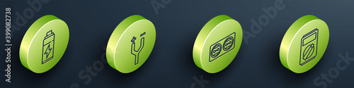 Set Isometric Battery, Electric cable, Electrical outlet and Multimeter icon. Vector.