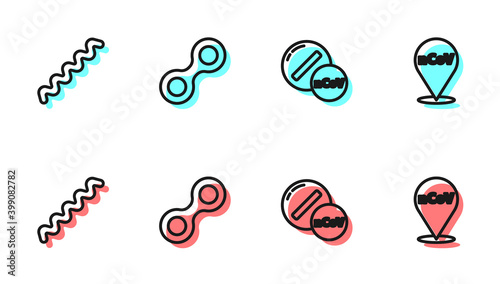 Set line Medicine pill or tablet, Virus, and Corona virus 2019-nCoV on location icon. Vector.