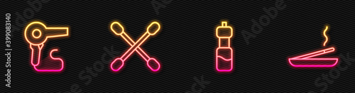 Set line Bottle of water, Hair dryer, Cotton swab for ears and Scented spa stick. Glowing neon icon. Vector.