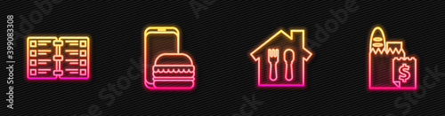 Set line Online ordering and delivery, Restaurant cafe menu, and . Glowing neon icon. Vector.