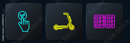 Set line Online ordering and delivery, Restaurant cafe menu and Scooter. Black square button. Vector.