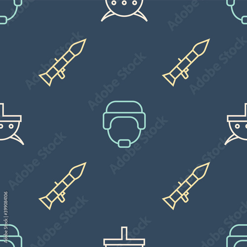 Set line Viking in horned helmet, Rocket launcher and Military on seamless pattern. Vector.