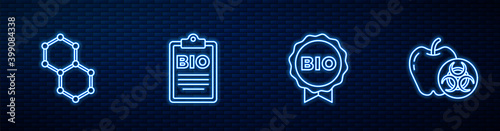 Set line Label for bio healthy food, Chemical formula, Document and Genetically modified apple. Glowing neon icon on brick wall. Vector.