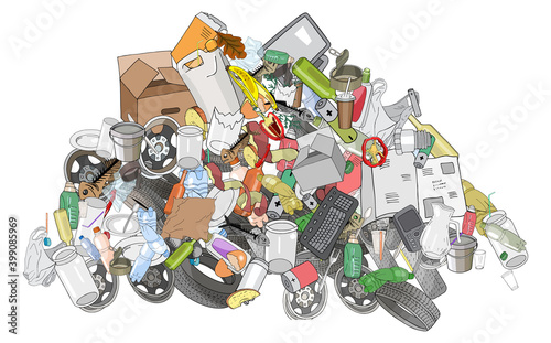 Pile of garbage, trash bags and rake. The concept of ecology and World Cleanup Day.