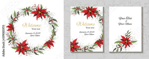 hand-drawn greeting card, an invitation made of flowers isolated on a white background. realistic Botanical bouquets,  of  flowers (poinsettia,  mistletoe, Holly). for postcards,  holidays