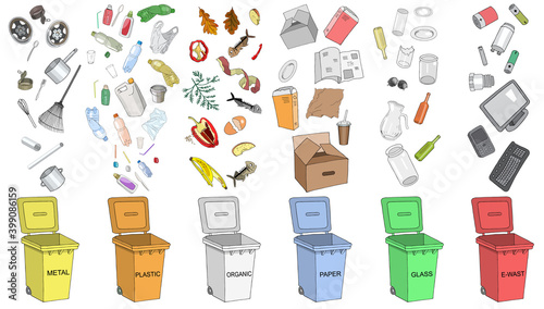 Trash cans with sorted garbage set. Different types of garbage - Organic, Plastic, Metal, Paper, Glass, E-waste.