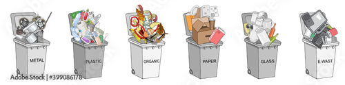 Trash cans with sorted garbage set. Different types of garbage - Organic, Plastic, Metal, Paper, Glass, E-waste.