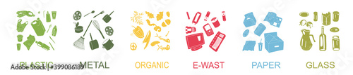 Trash cans with sorted garbage set. Different types of garbage - Organic, Plastic, Metal, Paper, Glass, E-waste.