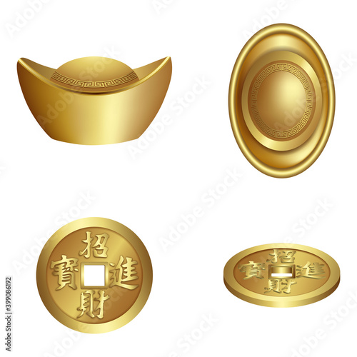 chinese new year elements. isolated gold ingots and coins. front and side view