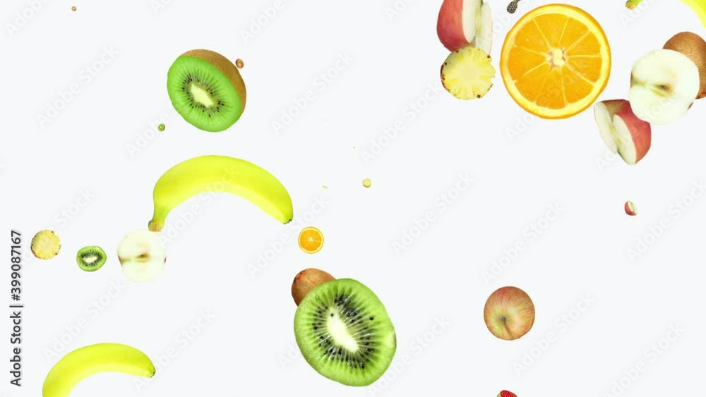Rotating falling ripe tropical fruits. pattern on a white background. the style is minimal. cyclic animation. copy space. Change the size. presentation, form, blank