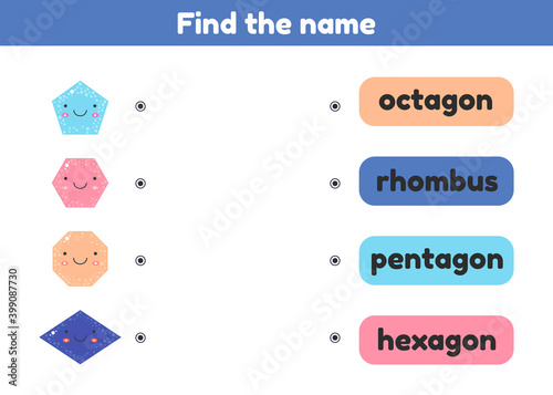 Find the name. Matching game. Geometrical figure. Worksheet for kids kindergarten, preschool and school age.