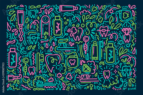 Background for brushing teeth in Doodle style. Cartoon linear poster Toothbrush, toothpaste and dental floss, teeth. Hand-drawn Doodle pattern in morning hygiene, the concept of care for the oral