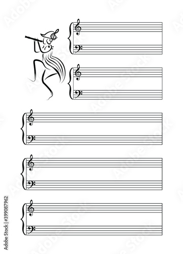 Musical notes blank sheet with black outline pied piper. Black lines on white background. Vector illustration.