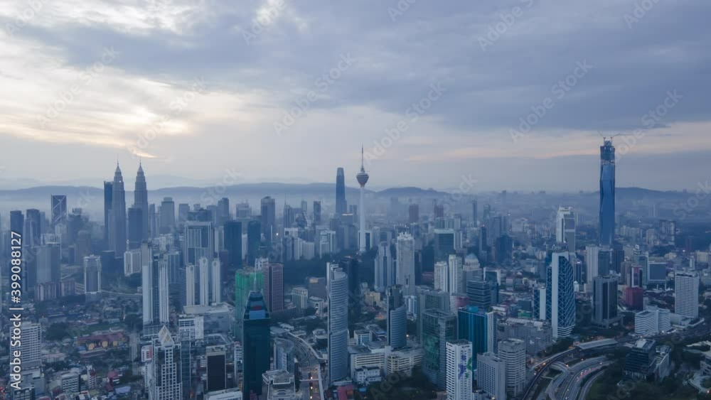 4K UHD ProRes Aerial Hyperlapse cinematic of Kuala Lumpur city view during dawn overlooking the city skyline in Federal Territory, Malaysia 4K UHD ProRes Aerial Hyperlapse cinematic of Kuala Lumpur city view during dawn overlooking the city skyline in Federal Territory, Malaysia