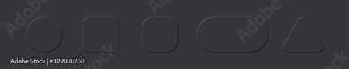 3D vector buttons neumorphic design. Geometric shapes: circle, square, .rectangle on dark, black background with light shadows. Web elements geometry modern trend tree-dimensional design.