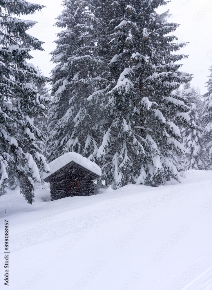Winter landscape with wooden chalet by the road at the edge of the forest. Fir forest covered with snow. Alps, Austria, Europe.Vertical image. Winter landscape with wooden chalet by the road at the edge of the forest. Fir forest covered with snow. Alps, Austria, Europe.Vertical image.