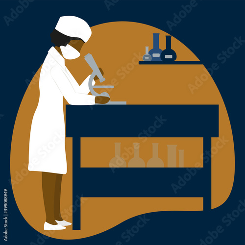 Woman scientist is looking through a microscope in chemical laboratory. Female involved science, research. Vector illustration