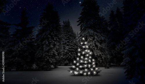 Leuchtender Weihanchtsbaum im Winterwald am Weihanchtsabend