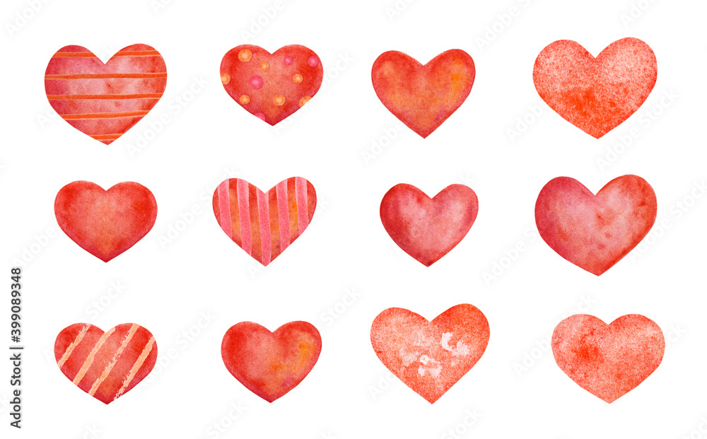 set of red watercolor hand drawn hearts isolated on white