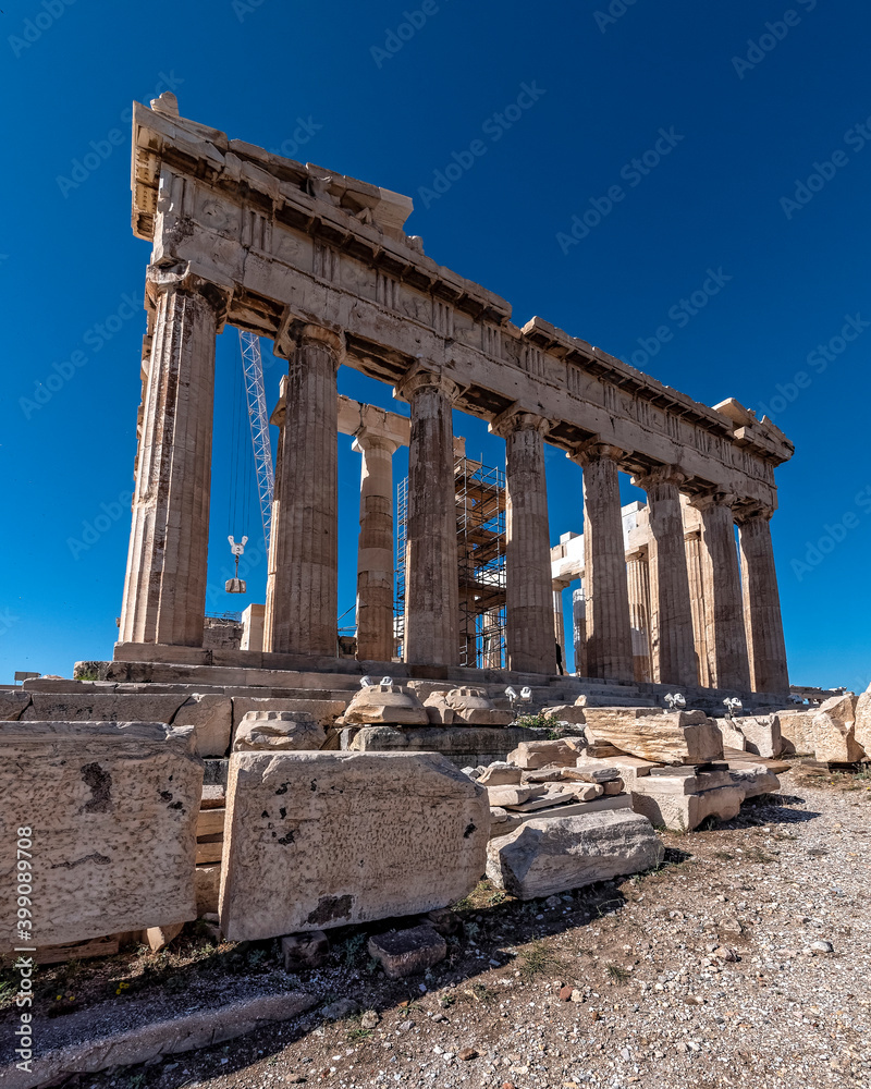 Parthenon ancient temple east front, standing on Acropolis hill, Athens, Greece