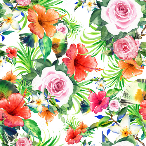 Seamless floral pattern lovely flowers drawn by paints on paper