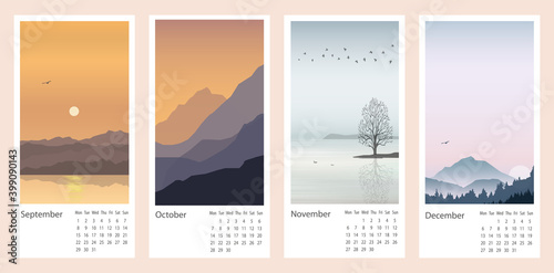 Beautiful calendar with a natural landscape with mountains and a rivers.Vector illustration of colorful sunsets and sunrises.