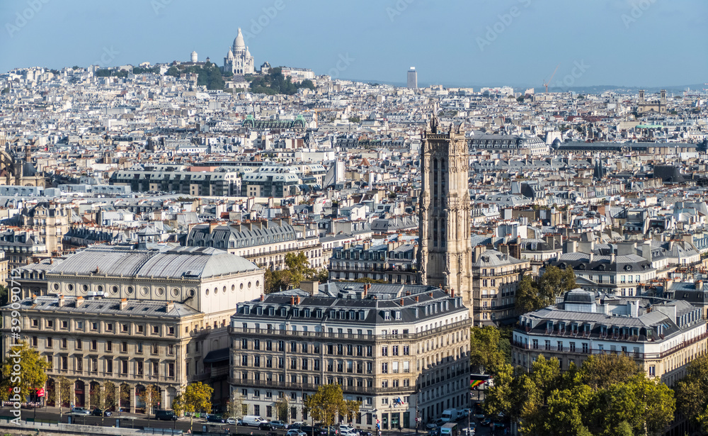 Panoramic aerial view of Paris from the Tower of the Cathedral of Notre Dame with Montmartre