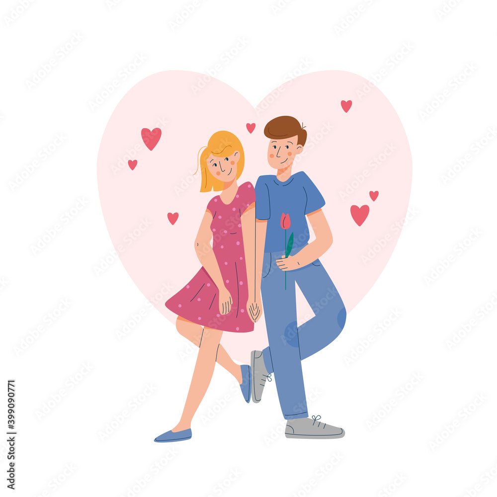 Couple in love, cheerful young woman and man standing back-to-back, looking at each other, holding hands and smiling. Vector illustration Couple in love, cheerful young woman and man standing back-to-back, looking at each other, holding hands and smiling. Vector illustration