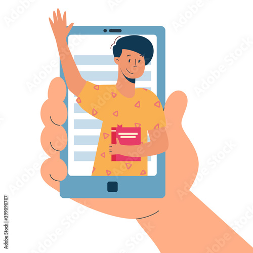 Virtual sitter, online babysitting service, remote teaching concept. Entertaining the kids via internet. Friendly male tutor on your phone.Vector illustration, modern flat style