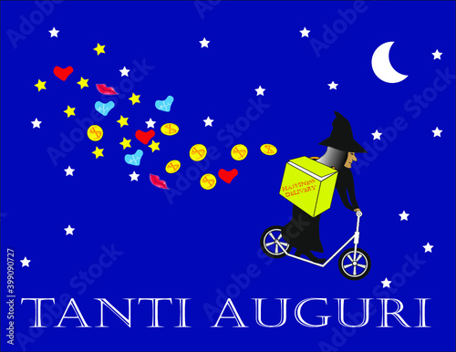 La Befana in monopattino che porta uno zainetto stile riders con tanti auguri di felicità amore salute e denaro per tutti.