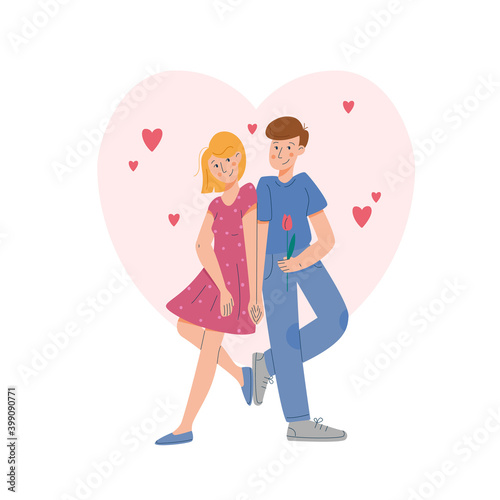 Couple in love, cheerful young woman and man  standing back-to-back, looking at each other, holding hands and smiling. Vector illustration