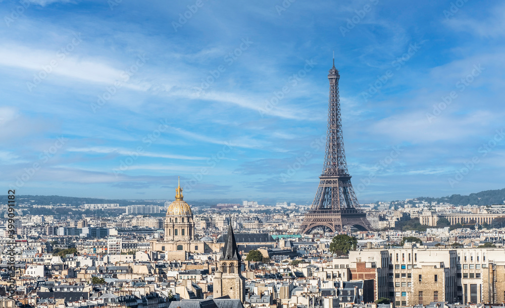 Panoramic aerial view of Paris from the Tower of the Cathedral of Notre Dame with the Eiffel tower in background