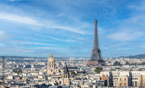 Panoramic aerial view of Paris from the Tower of the Cathedral of Notre Dame with the Eiffel tower in background © Alessio