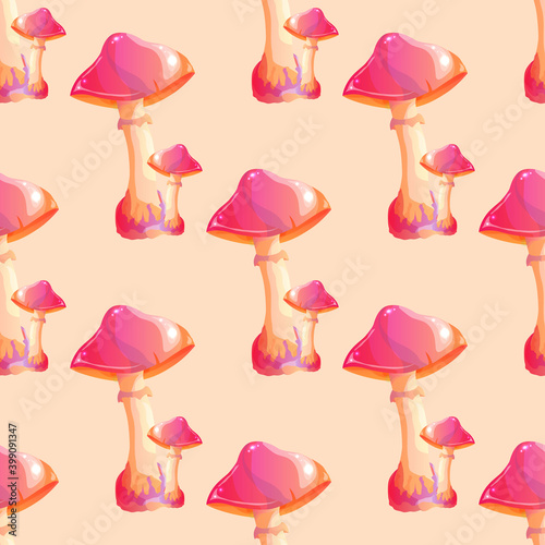 Seamless background with mushrooms. Beautiful pink solitary mushrooms on a beige background, isolated.